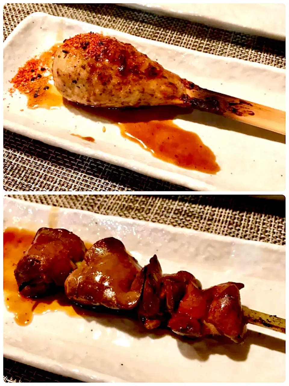 Snapdishの料理写真:Tsukune & chicken liver skewer grilled over the Binchotan charcoal|gonbenさん