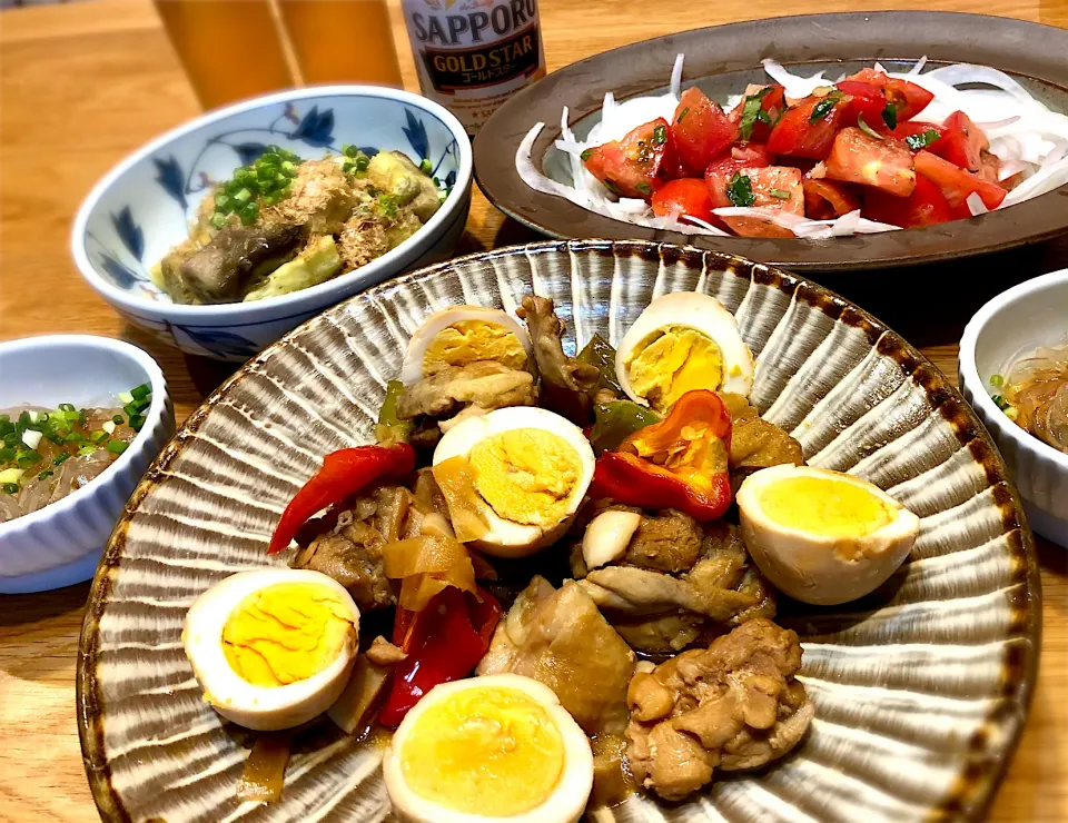 鶏もも肉と茹で卵のすっぱ煮　焼き茄子　トマトのレモンバジルサラダ|じゅんさんさん