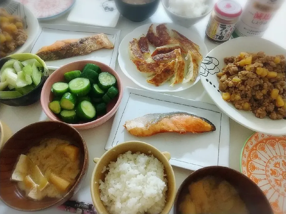 夕食(*^^*)
しそ餃子
ひき肉とじゃがいもの炒め煮
焼き鮭
セロリの漬物
きゅうりの漬物
お味噌汁(ハスイモ、油揚げ)|プリン☆さん