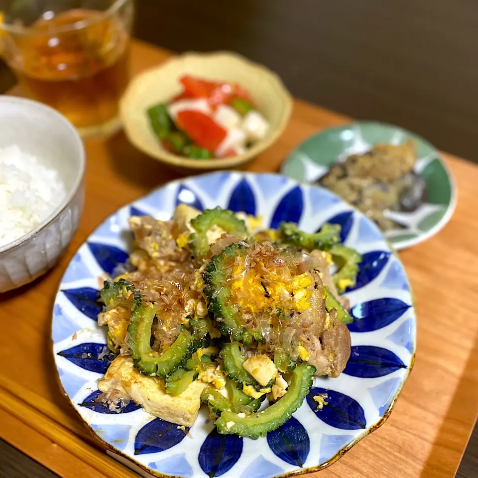 ゴーヤチャンプルー　長芋オクラとトマトのめんつゆ和え　茄子味噌炒め|ちぐあささん