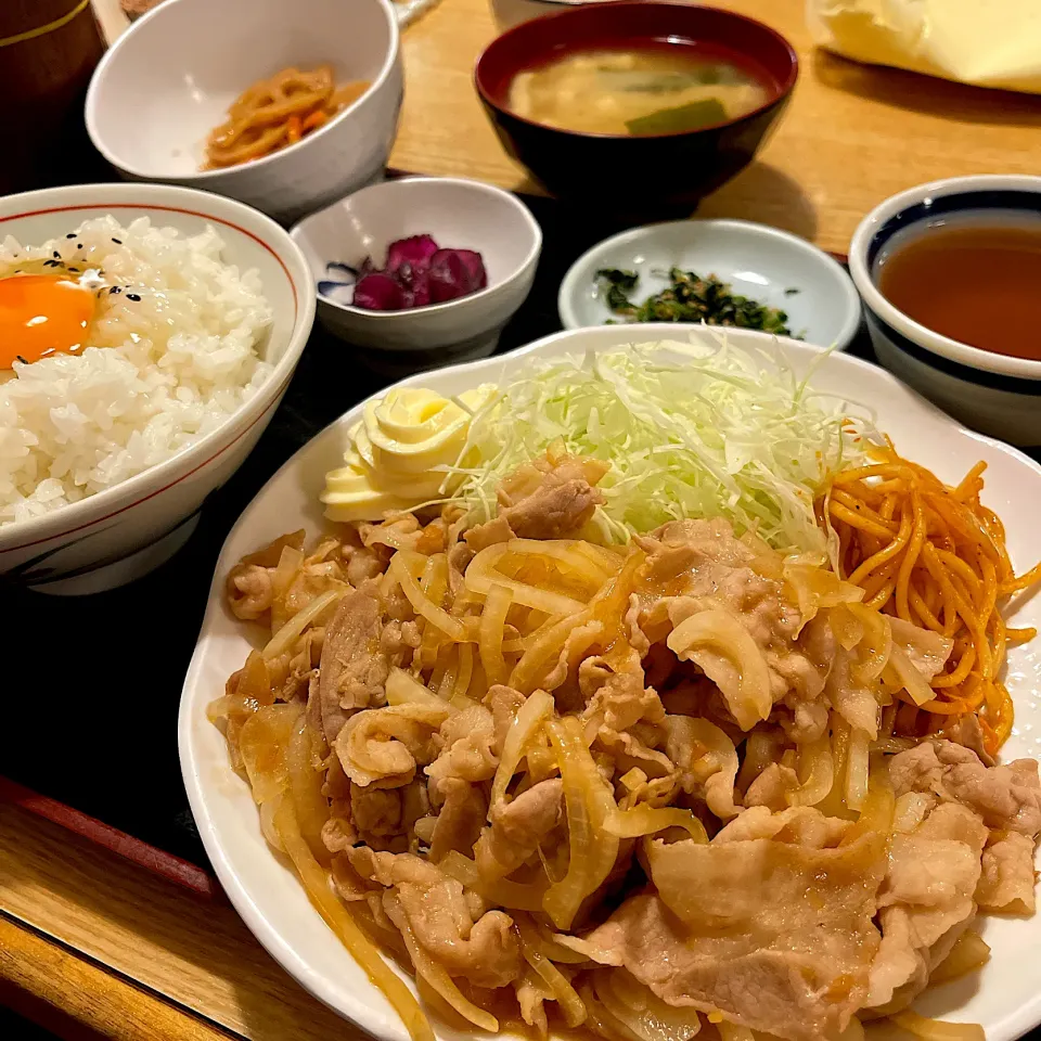 豚肉生姜焼定食＋卵@のみた家三平(月島)|塩豚骨さん