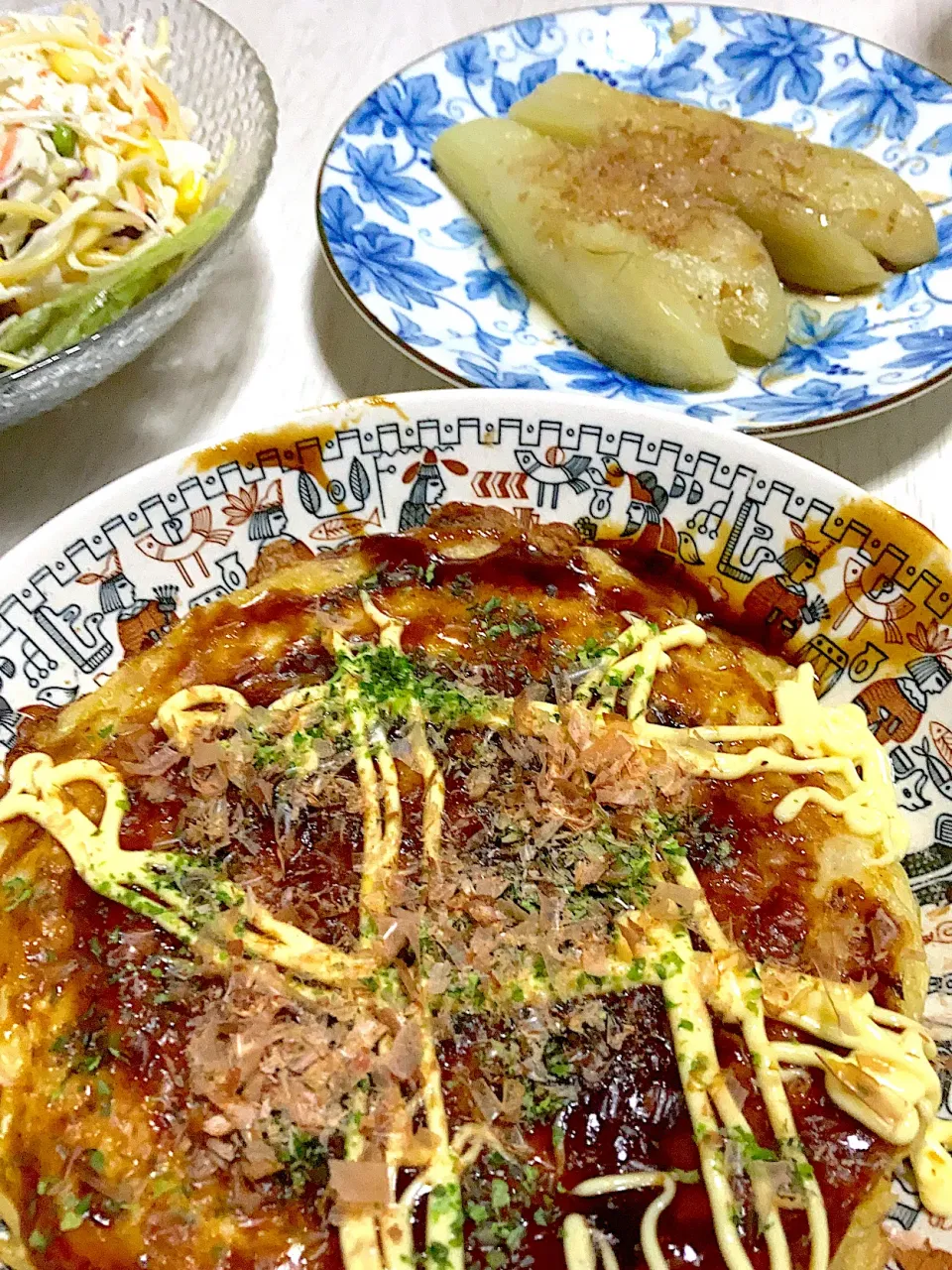 パスタサラダ、蒸しナスのポン酢かけ、お好み焼き、|Ayaさん