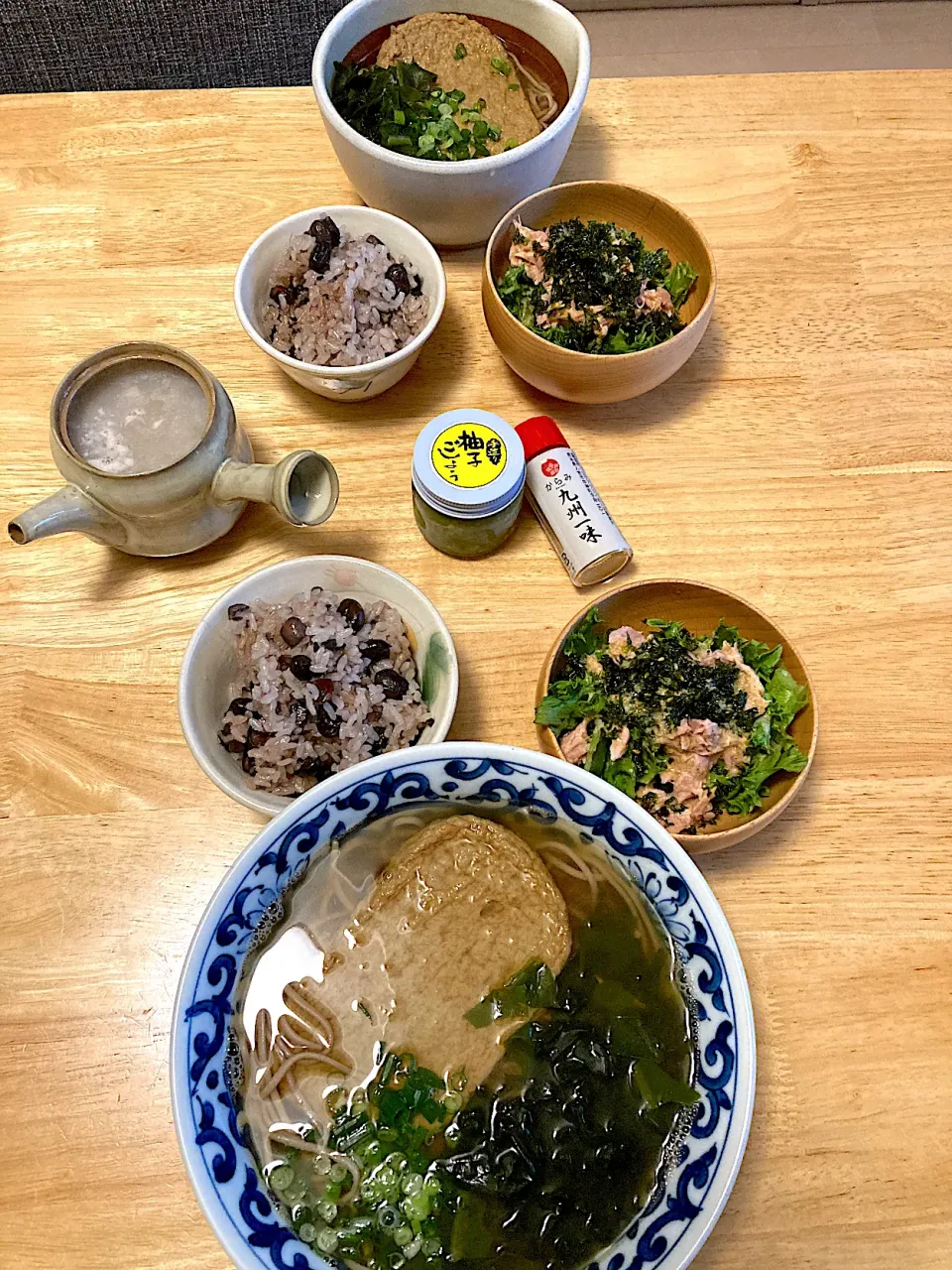 10割蕎麦、黒豆ご飯、ツナと海苔のサラダ、そば湯🤤|さくたえさん