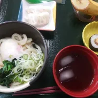 Snapdishの料理写真:冷やし月見うどん海鮮茹で餃子|こやっこさん