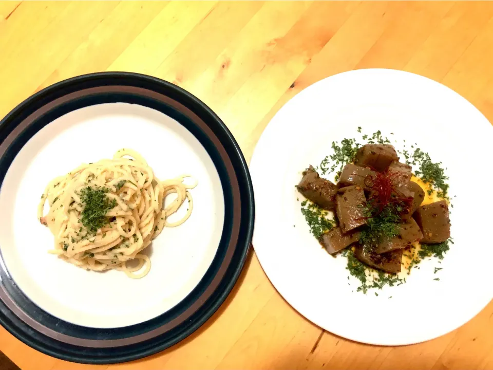 今夜のお夕飯はたらスパと、こんにゃくアヒージョ😋😋|Hong Mi(hiromi )さん