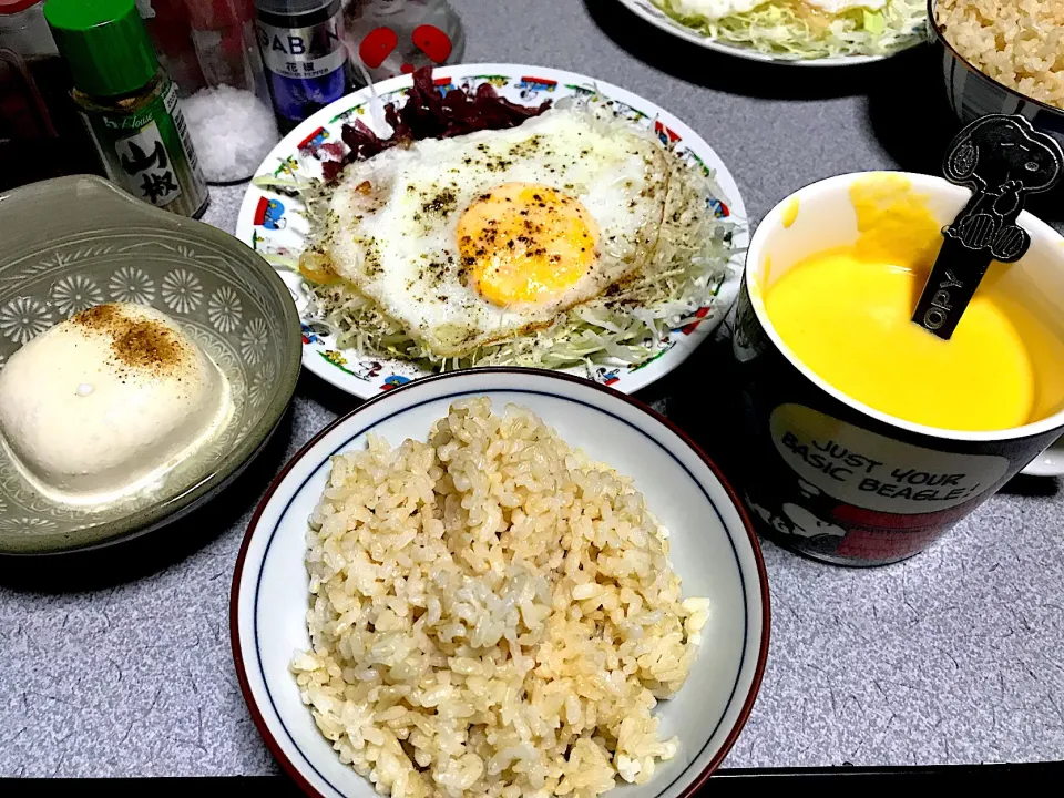 こりゃスープにもオヤツにもなっちゃう勢いだね #夕飯　ロウカット玄米ご飯、じゃが人参ポタージュ、冷奴(塩山椒で)、目玉焼き(ターンオーバーじゃないやつ塩花椒で)キャベツザワークラウト|ms903さん