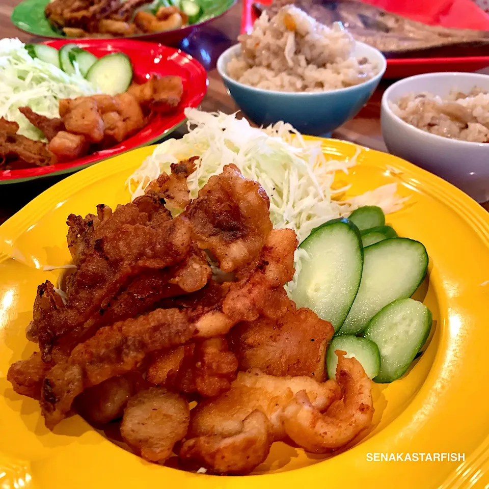 烏賊 舞茸 エリンギの唐揚げ 炊き込みご飯 ほっけの干物|愛さん