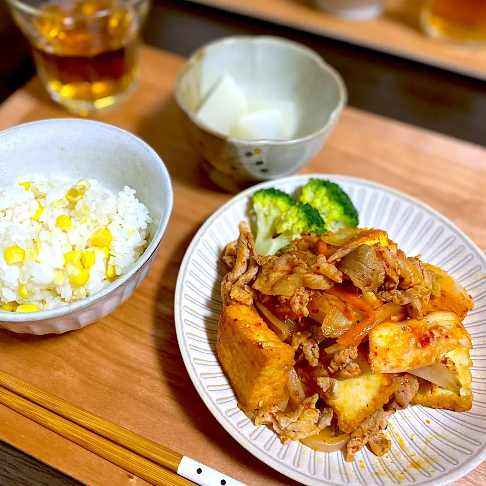 厚揚げ豚キムチ　とうもろこしご飯　冷やし大根煮|ちぐあささん