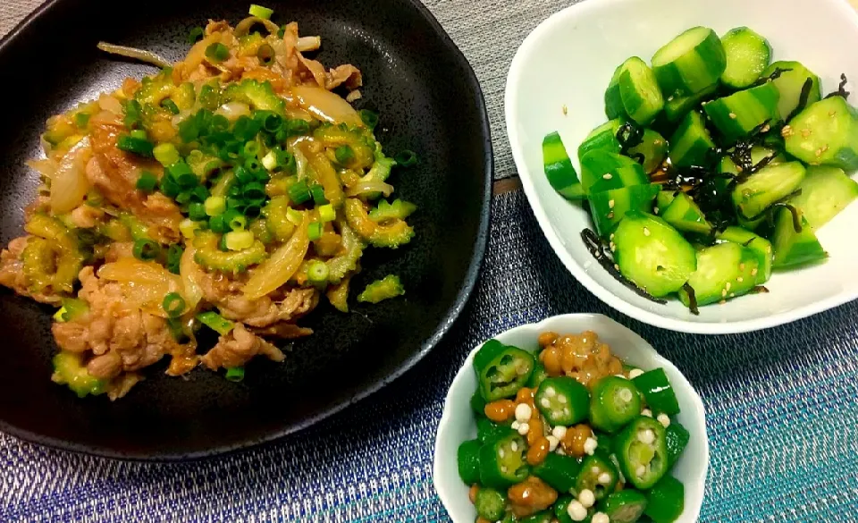 ◇豚肉とゴーヤの味噌にんにくソテー
◇納豆オクラ
◇きゅうりの塩昆布和え|ぶるー子さん