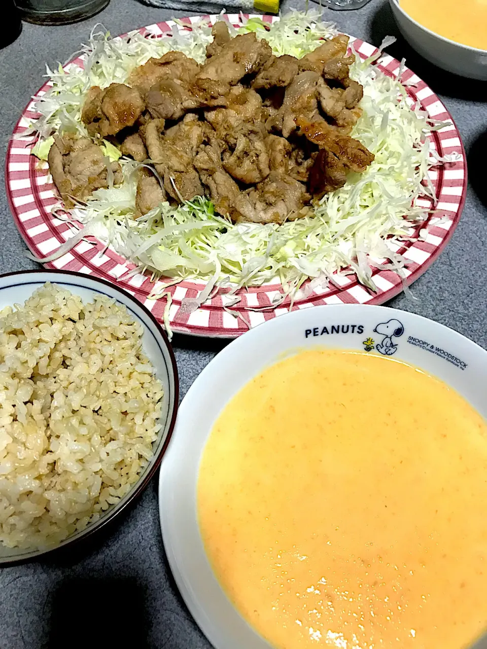 Snapdishの料理写真:今日はスープとして明日はおやつとして #夕飯　ロウカット玄米ご飯、キャロットじゃがポタージュ、キャベツ、ポーク黒糖生姜焼き|ms903さん