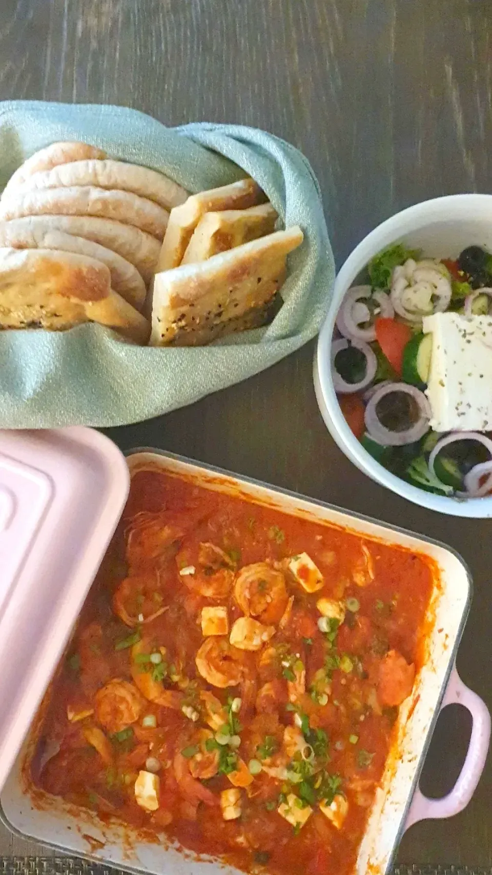 Prawn saganaki,  greek salad and pita flat bread|YCさん