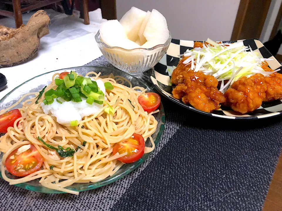 おろしツナパスタ　　甘酢だれ唐揚げ　　幸水梨|石川洋子さん