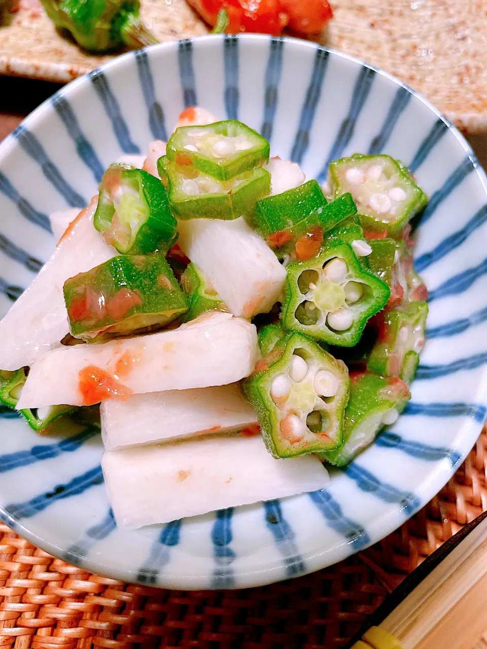 Snapdishの料理写真:Chinese yam and okra salad seasoned with ume and Japanese Bonito broth|taka-chanさん