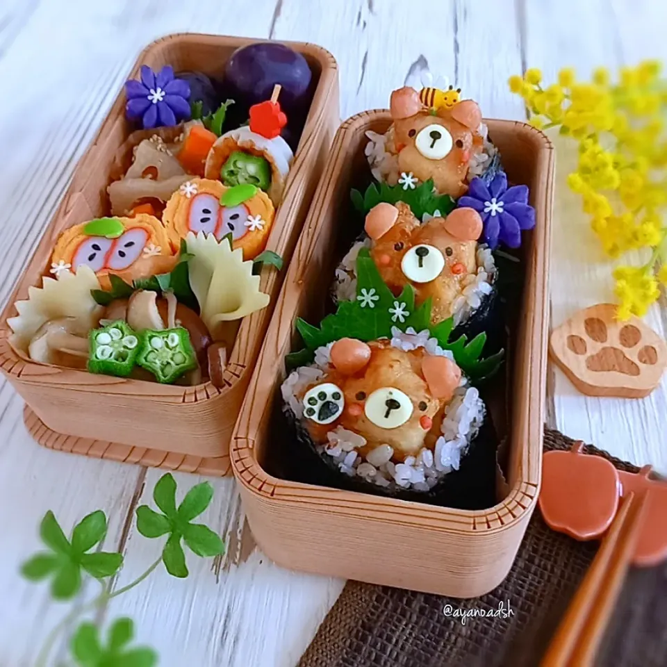 🌱鶏天むす🐻くまさんおにぎり弁当🌱|ayano.adshさん