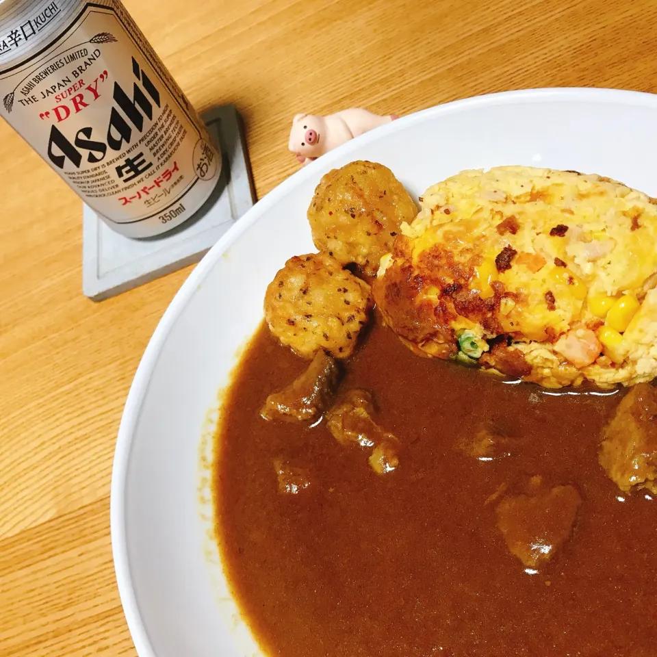 Snapdishの料理写真:CoCo壱の冷凍カレーに冷凍唐揚げにオムレツ|naoさん