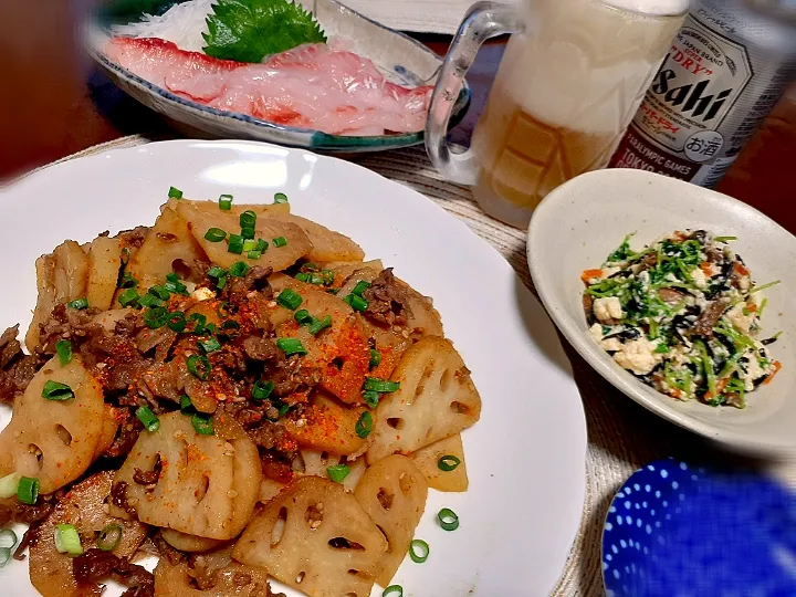 牛肉と蓮根の甘辛炒め
ひじきと豆苗白和え
イサキ🐟|びせんさん