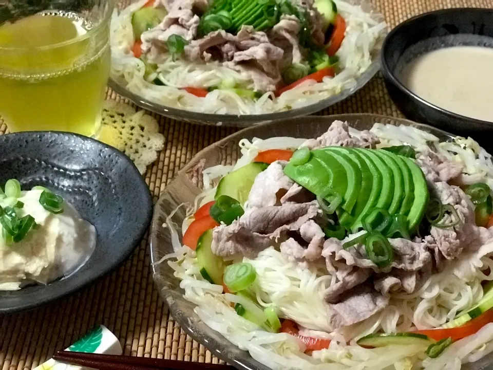 豚しゃぶサラダ風木曽路胡麻ダレつけ素麺🍜|noeさん