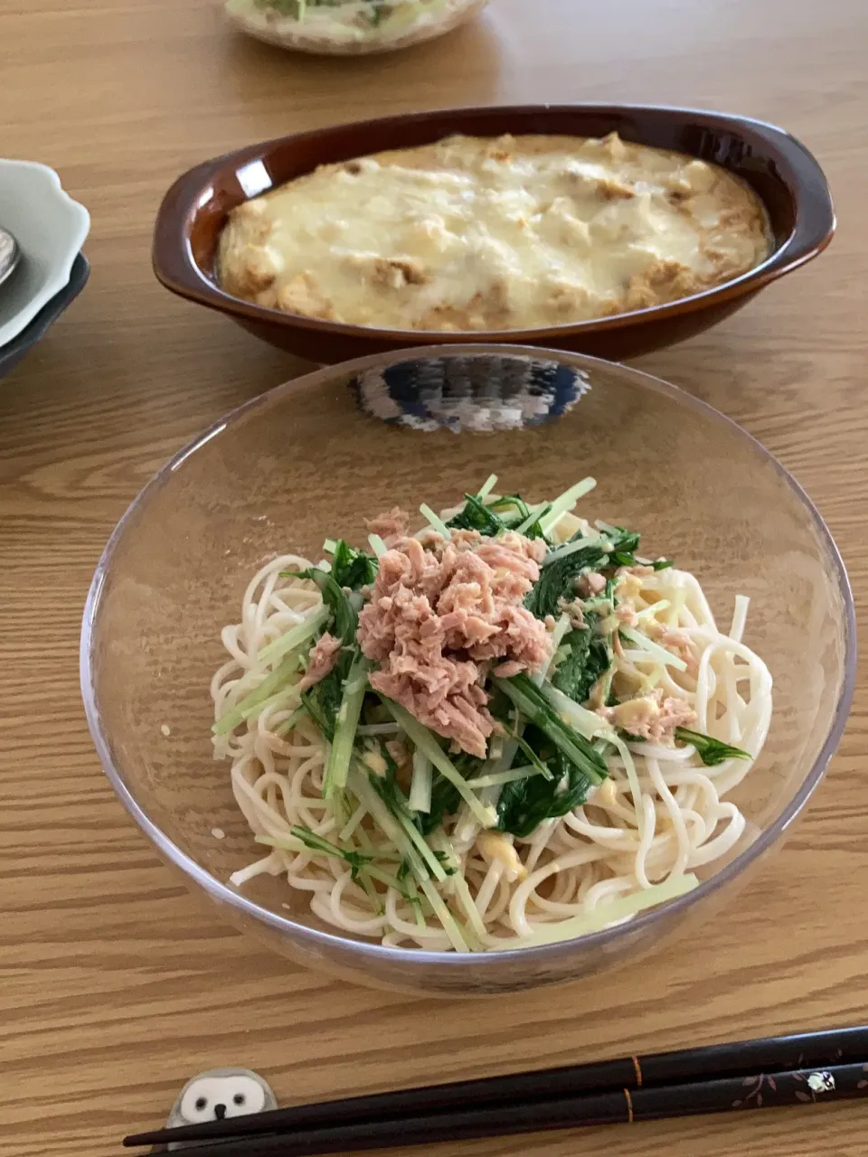 豆腐グラタン、ツナと水菜のサラダそうめんでランチ|ツインうさぎさん