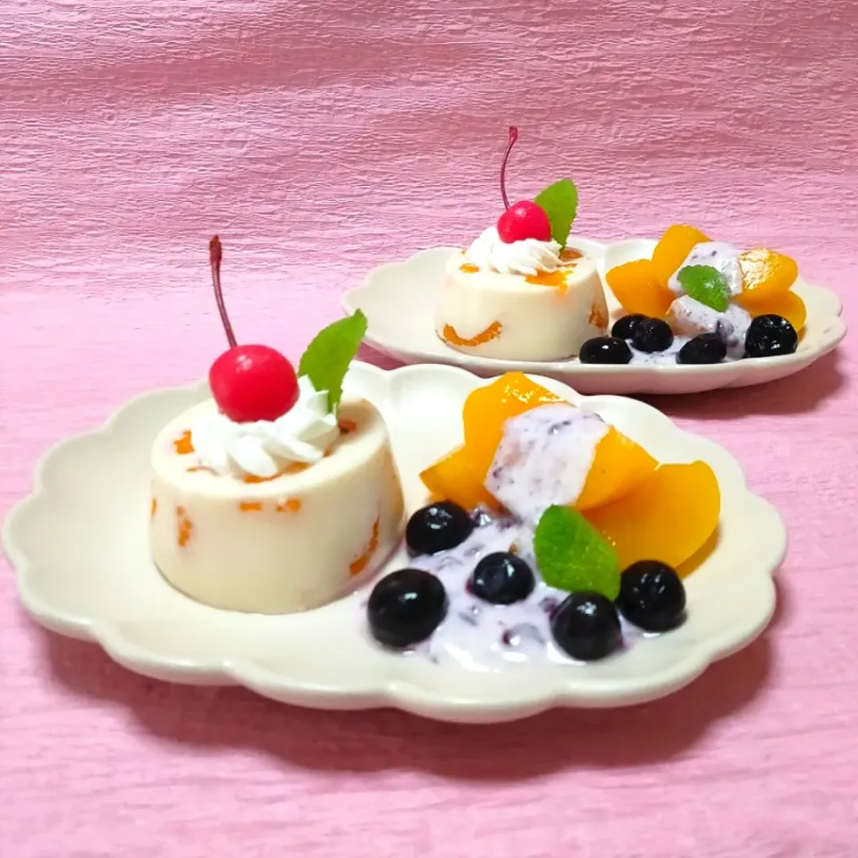 ダーリン作⸜🌷︎⸝‍
みかん🍊入りｺｺﾅｧｯﾂ(｢🥥･ω･)｢🥥プリン
フルーツ添え|キャサリンさん