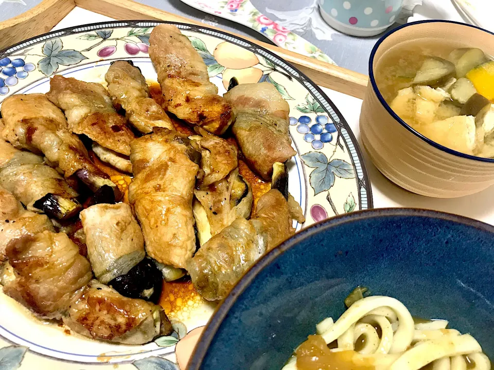 ナスの肉巻き＆南瓜味噌汁＆カレーうどん|minipicnicさん