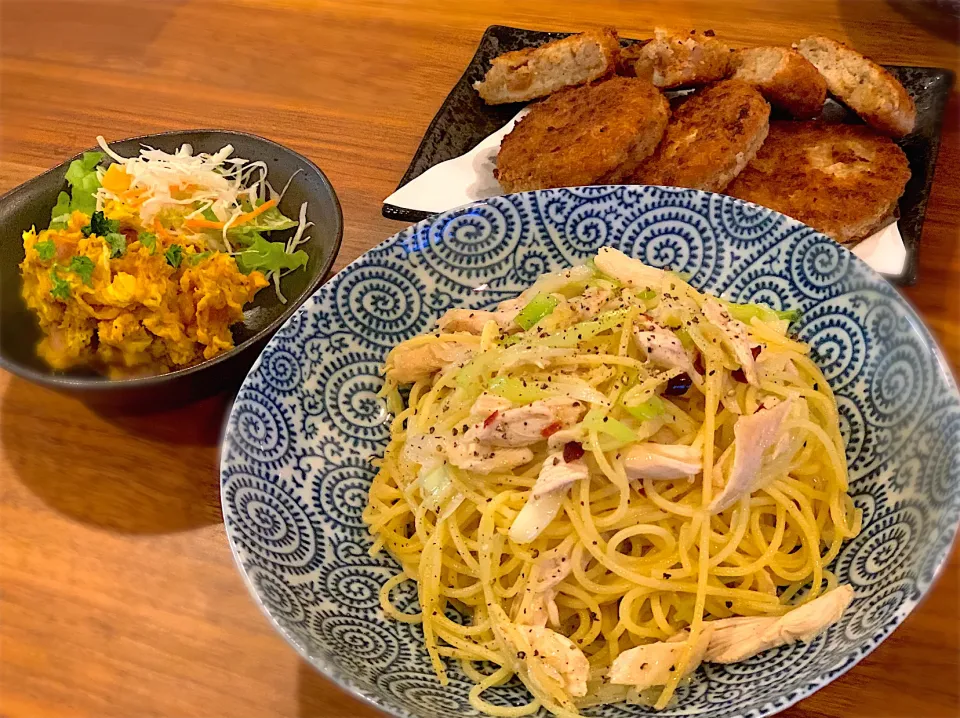 今日のごはん☆ネギささみパスタ・かぼちゃサラダ・特選但馬牛『但馬玄（たじまぐろ）の牛すじコロッケ』|ふくすけ食堂さん