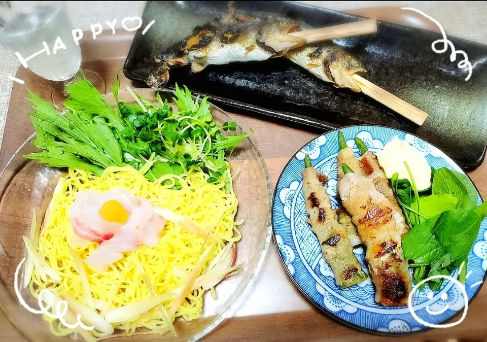 やまめの塩焼き＆鯛の鯛スープ冷やし中華＆オクラ豚肉巻きを添えて…|chii...さん