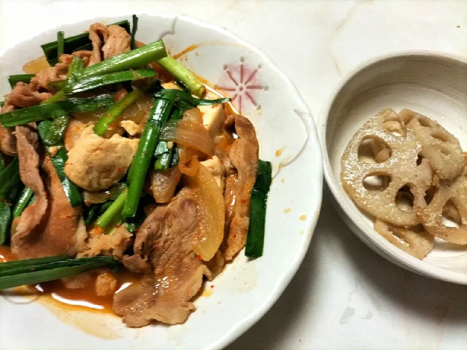 キムチ入り肉豆腐とレンコンのバター炒め|花緖❀hanaoさん