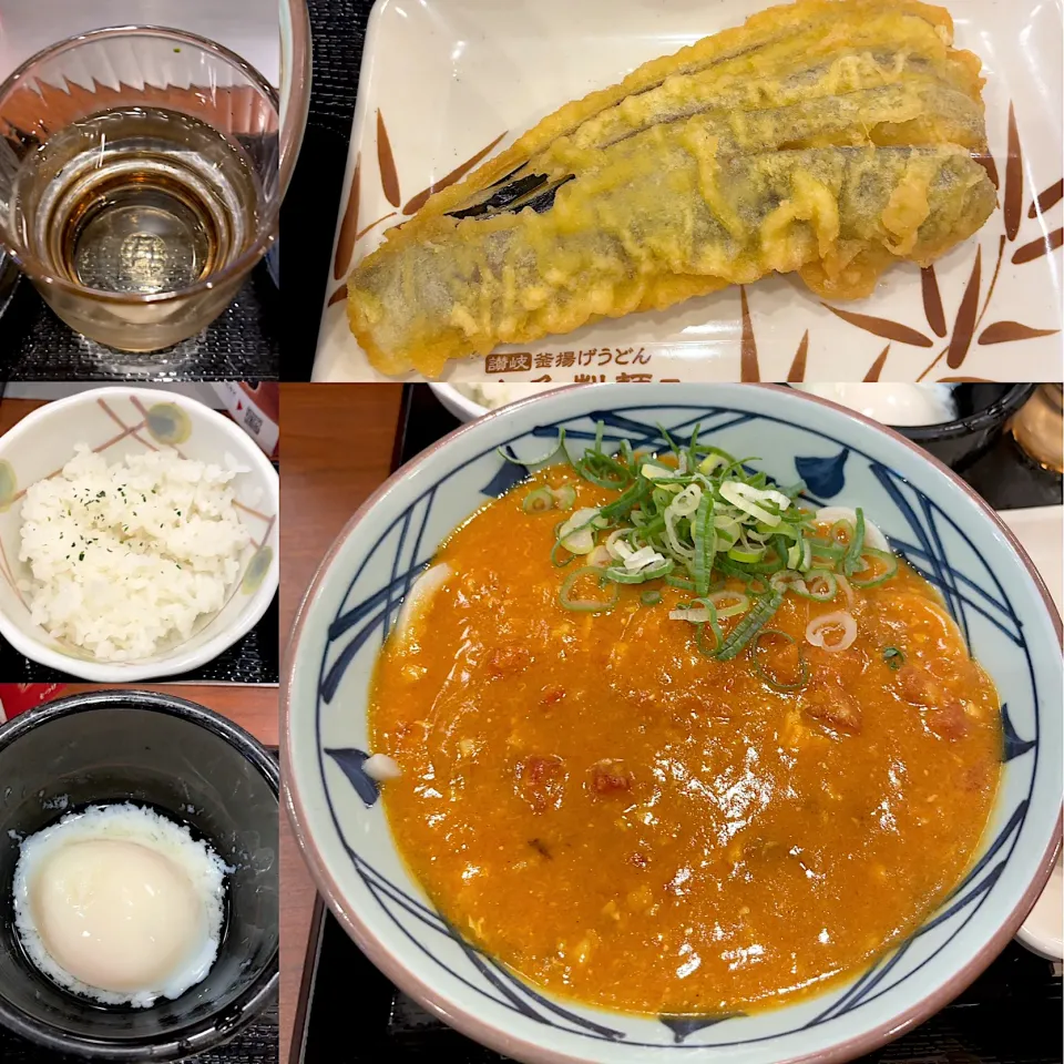 トマたまカレーうどん🍅🥚🍛🍜　　　　　長なす天　温泉たまご🥚|るみおんさん