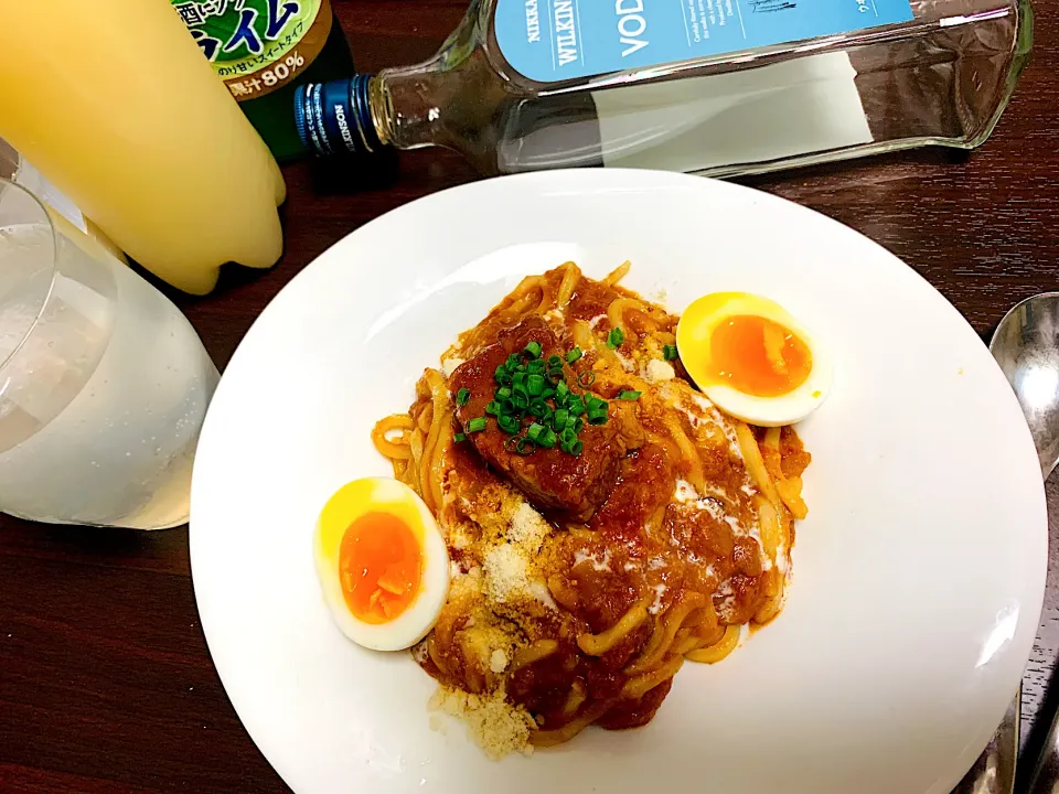 業務スーパー19円袋麺シリーズ　角煮トマトソースうどん|いーのさん