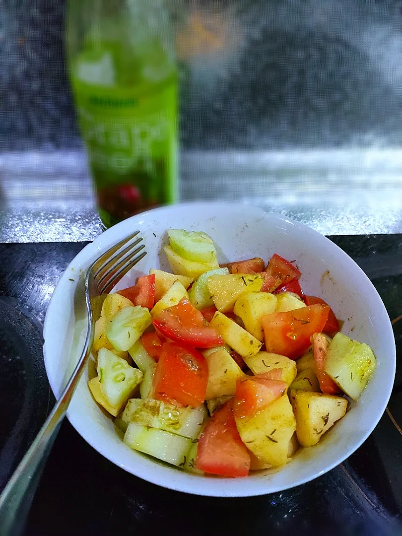 salad (cucumber, tomato, apple) with lemon juice, pinch of salt, mixed herbs and sacha inchi oil dressing|Crystall Leongさん