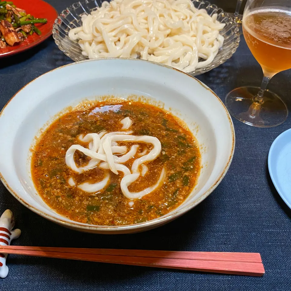 Snapdishの料理写真:手打ちうどんで坦々つけ麺|麻紀子さん