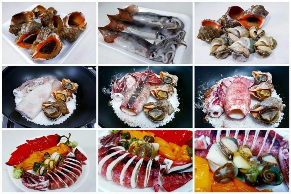 baked squid and oyster snails over coarse salt|steven z.y.さん