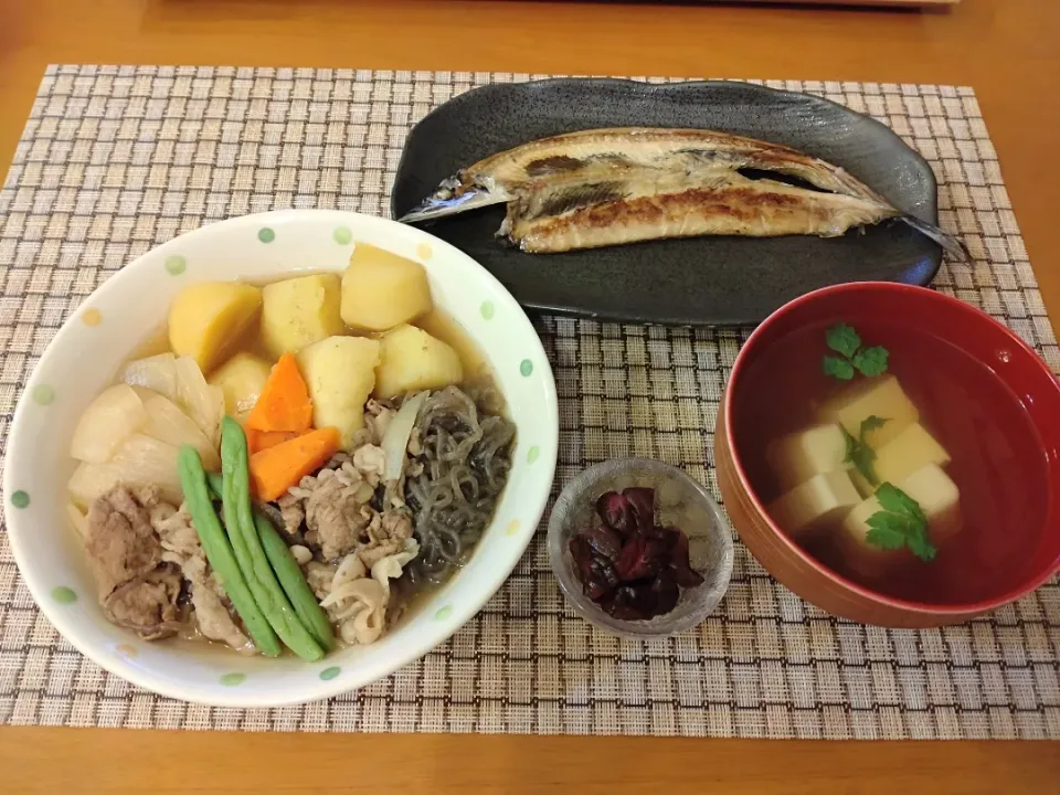 ☆肉じゃが
☆サンマ開き
☆豆腐すまし汁
☆しば漬け|chikakoさん