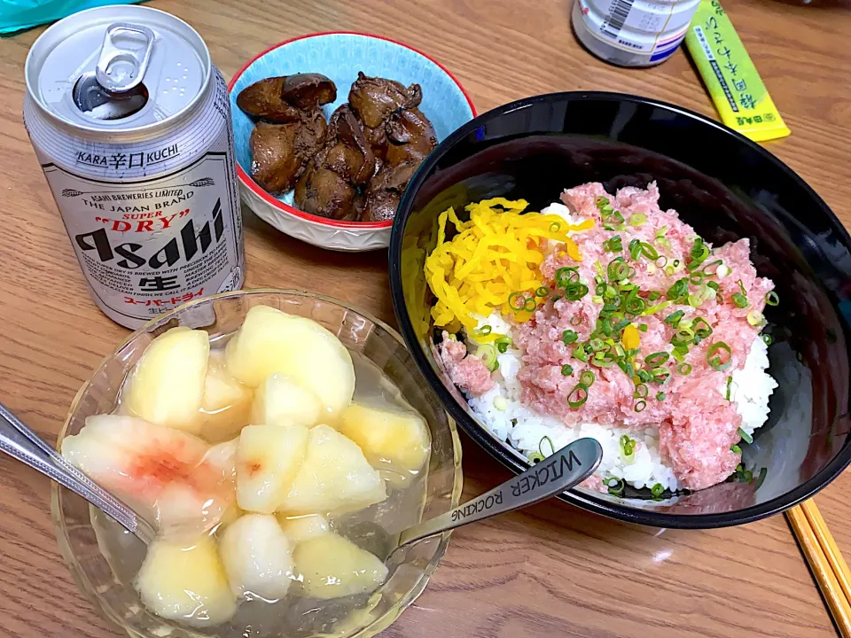 まぐたく丼、血肝煮、桃ゼリー|ゆーママさん