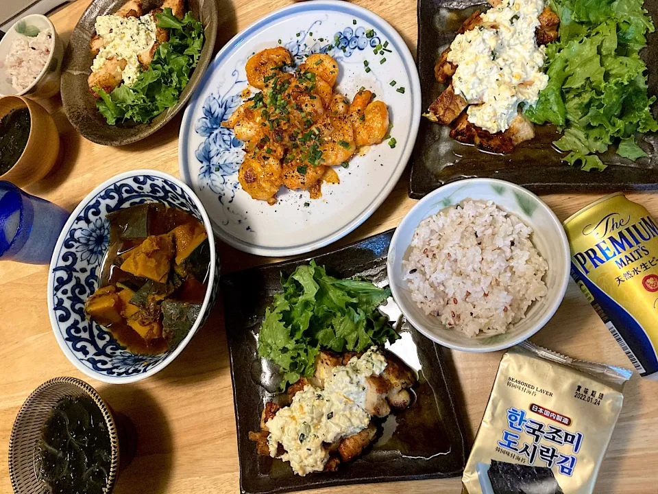 チキン南蛮、南瓜の煮物、海老マヨ😋|さくたえさん