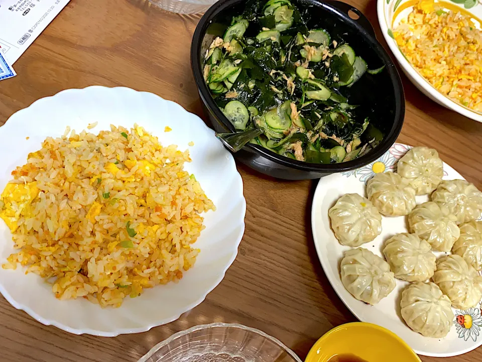 鮭チャーハン、海老春雨焼きまんじゅう、酢の物|ゆーママさん