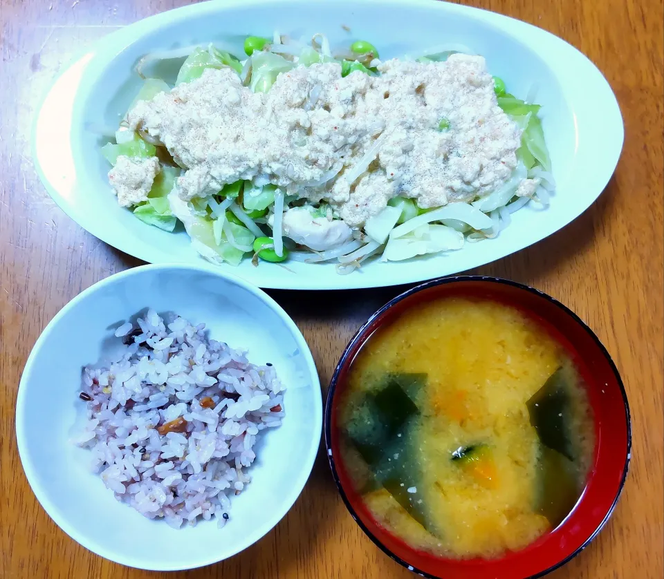 ９月６日　ササミとたっぷり野菜のレンジ蒸し　かぼちゃのお味噌汁|いもこ。さん