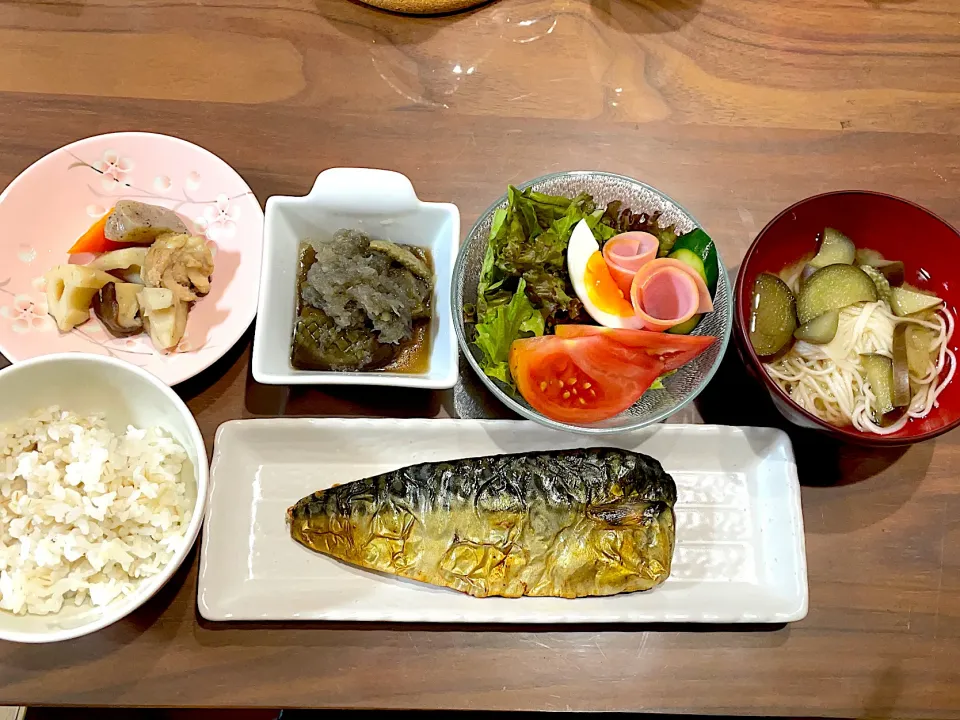 塩サバ　茄子の煮麺　サラダ　茄子のおろし煮　筑前煮|おさむん17さん