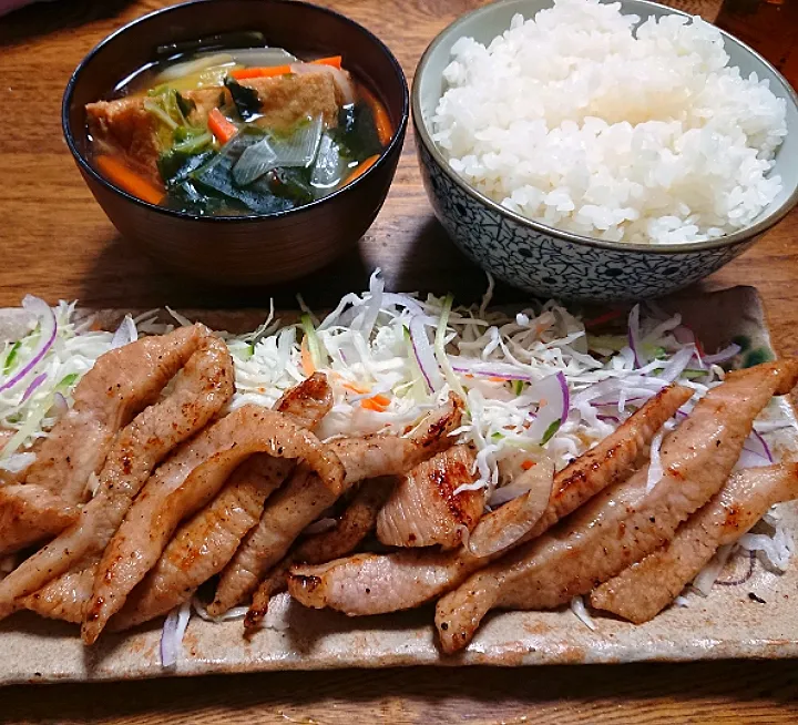 豚トロにんにく醤油味とサラダ
厚揚げと野菜のお汁
(白菜 白ねぎ 人参 玉葱 わかめ)|たつかばさん