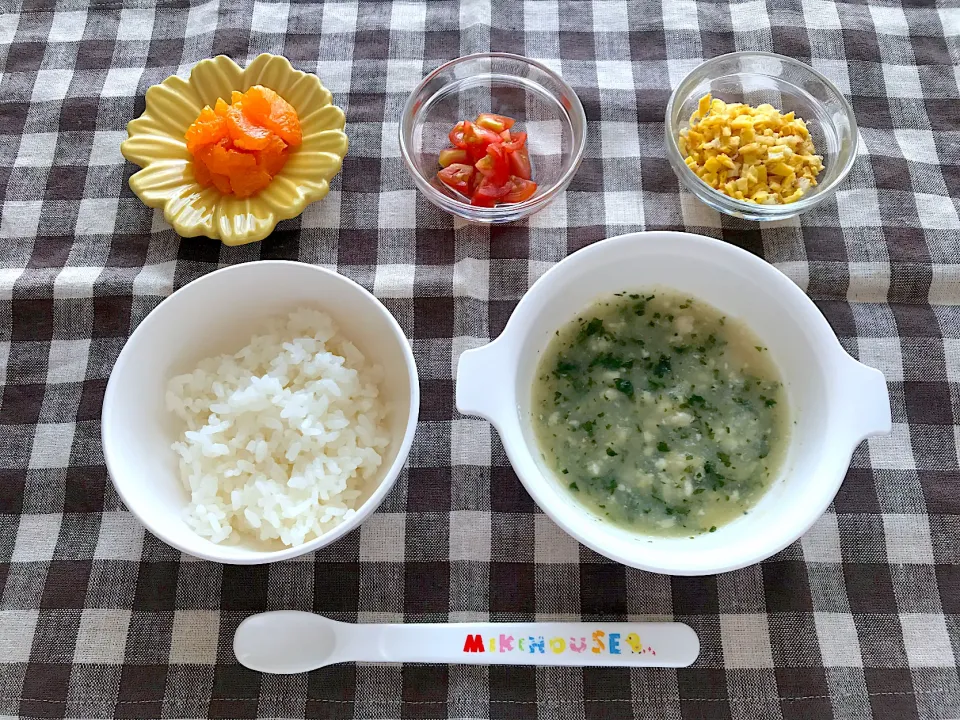 【離乳食】ほうれん草と玉ねぎと鶏むね肉のあんかけスープ、ごはん、錦糸卵、トマト、みかん|sayaさん