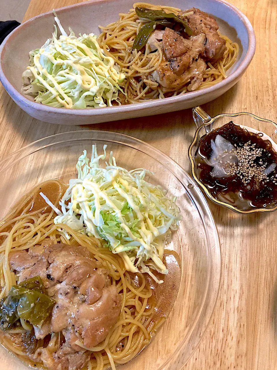 とうもろこし麺で照り焼きチキンスパ＆ガリ入りもずく酢❤️ワ─イ♪└┤*´∀｀*├┘ワ─イ♪|さくたえさん