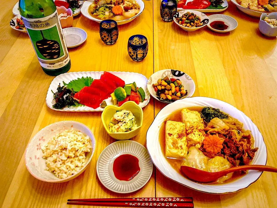 今日の夕食　中トロのお刺身　肉豆腐　五目豆　ポテトサラダ　もち麦入り胚芽米|ふわ猫はなちゃんさん