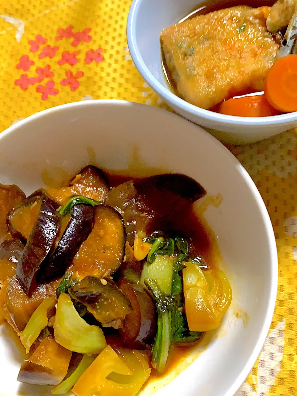 豚と茄子と青梗菜のピリ辛味噌炒め　厚揚げと人参🥕の煮物|掛谷節子さん