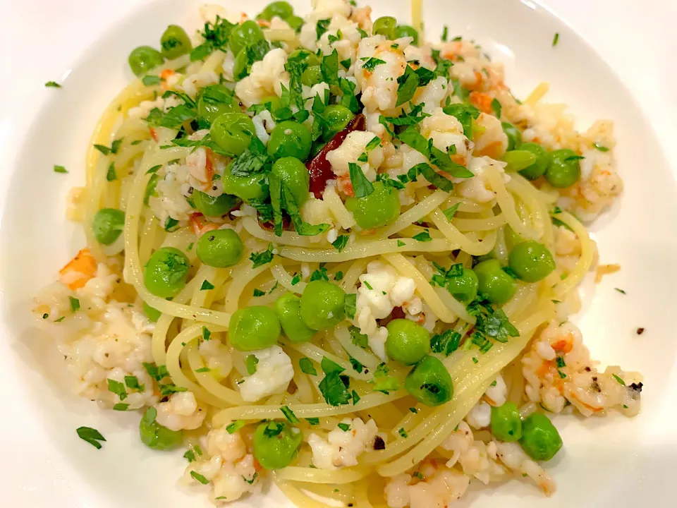 Spaghetti  all’ Shrimp and Peas|Rjさん