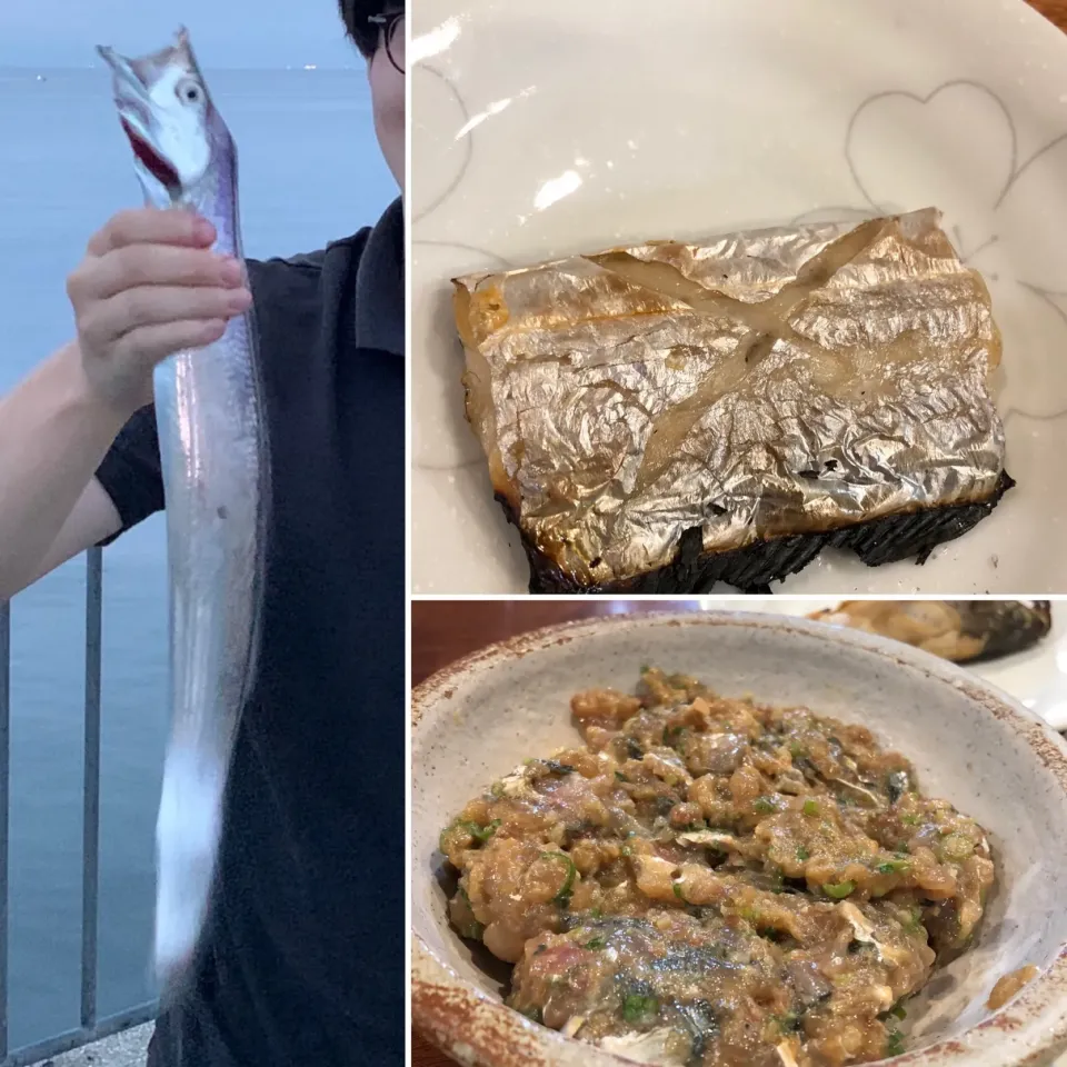 Snapdishの料理写真:息子が釣って初めての料理も。太刀魚の塩焼き、アジのなめろう|Hiro Yanさん