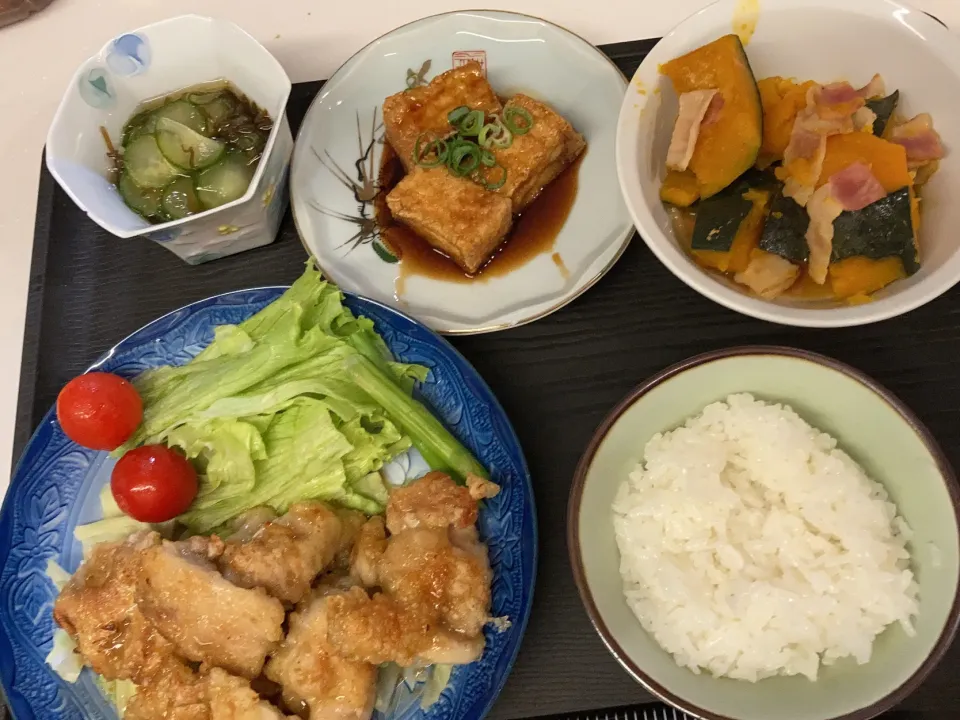 Snapdishの料理写真:鳥モモ肉ゆずこしょう焼き、厚揚げ照り焼き|クラチさん