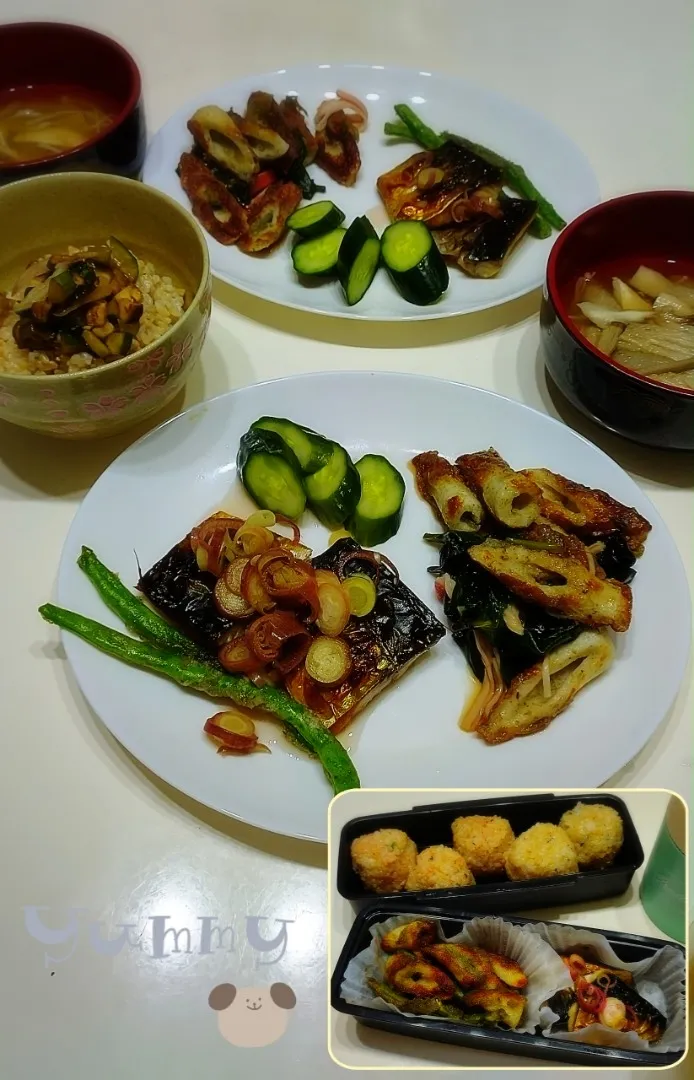 Snapdishの料理写真:ぱあるさんの料理 『焼き鯖のミョウガ香り酢』と『二色ふろふき大根』ダイエット地味ご飯と共に一献🍶😅💧|みったんさん