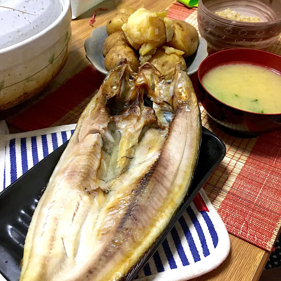 Snapdishの料理写真:2021/09/14 ホッケの塩焼き、ほくほくじゃがいも煮、玄米ごはん|kykyさん