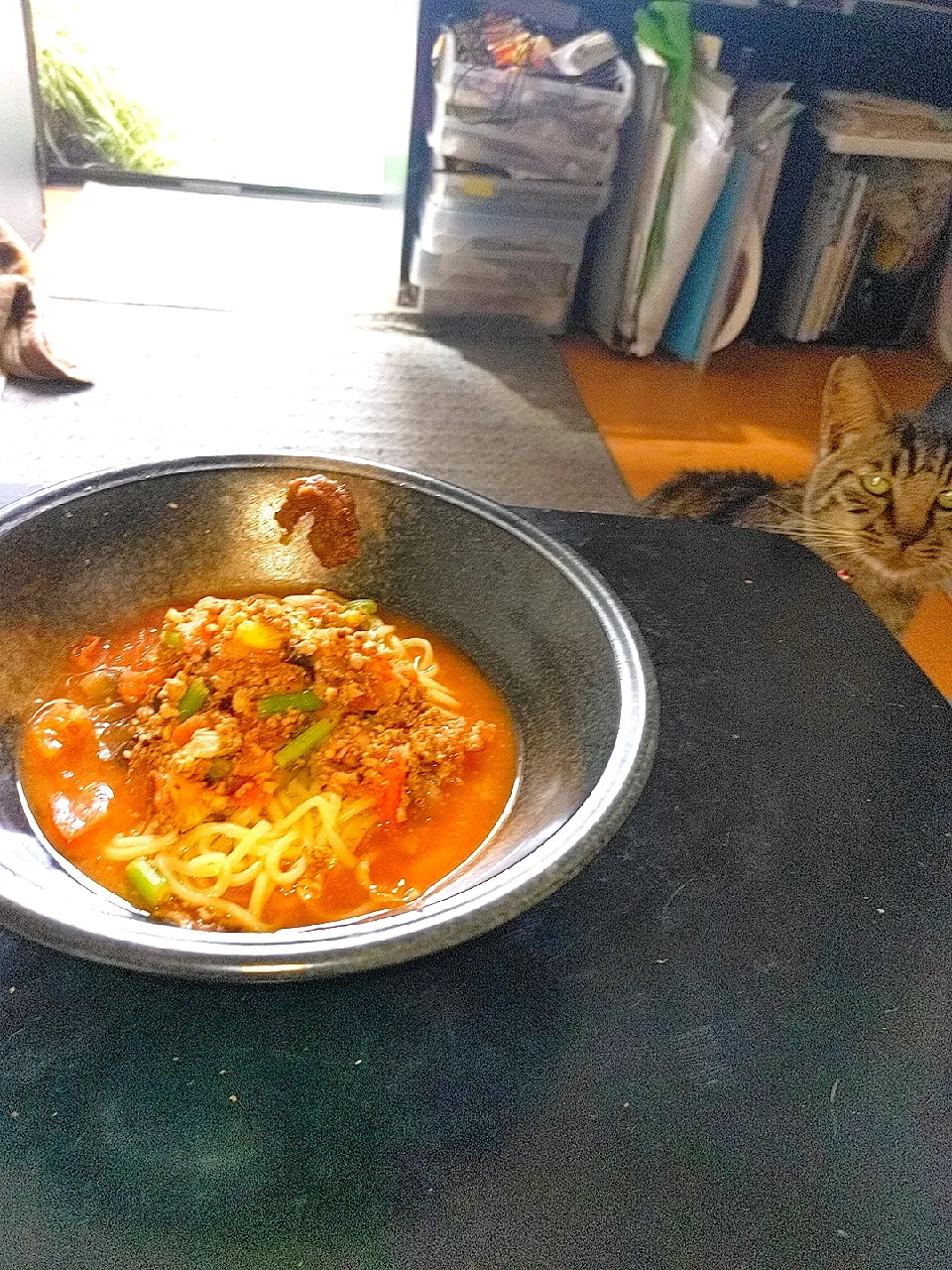 Snapdishの料理写真:夜勤明け茄子味噌トマトラーメン・相性の茄子と大蒜の芽|Tarou  Masayukiさん