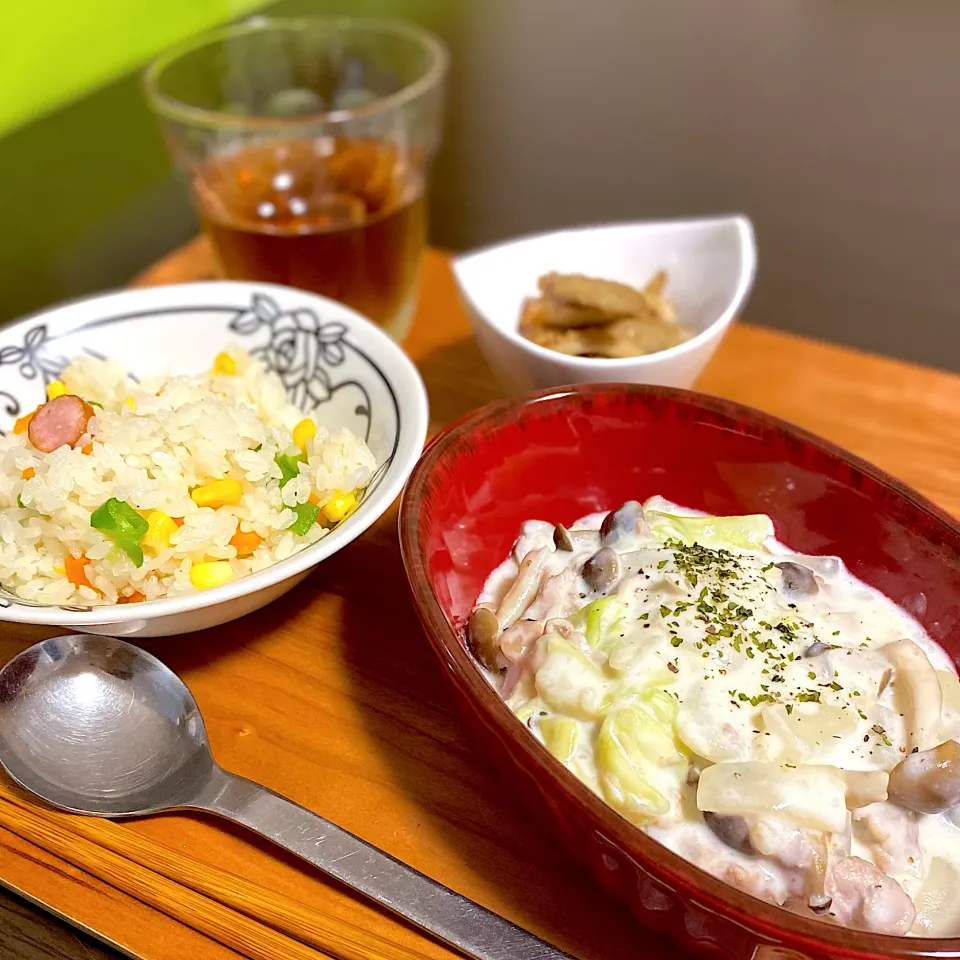 炊飯器ピラフ
豚肉とキャベツしめじクリーム煮
ごぼうとちくわのきんぴら|ちぐあささん